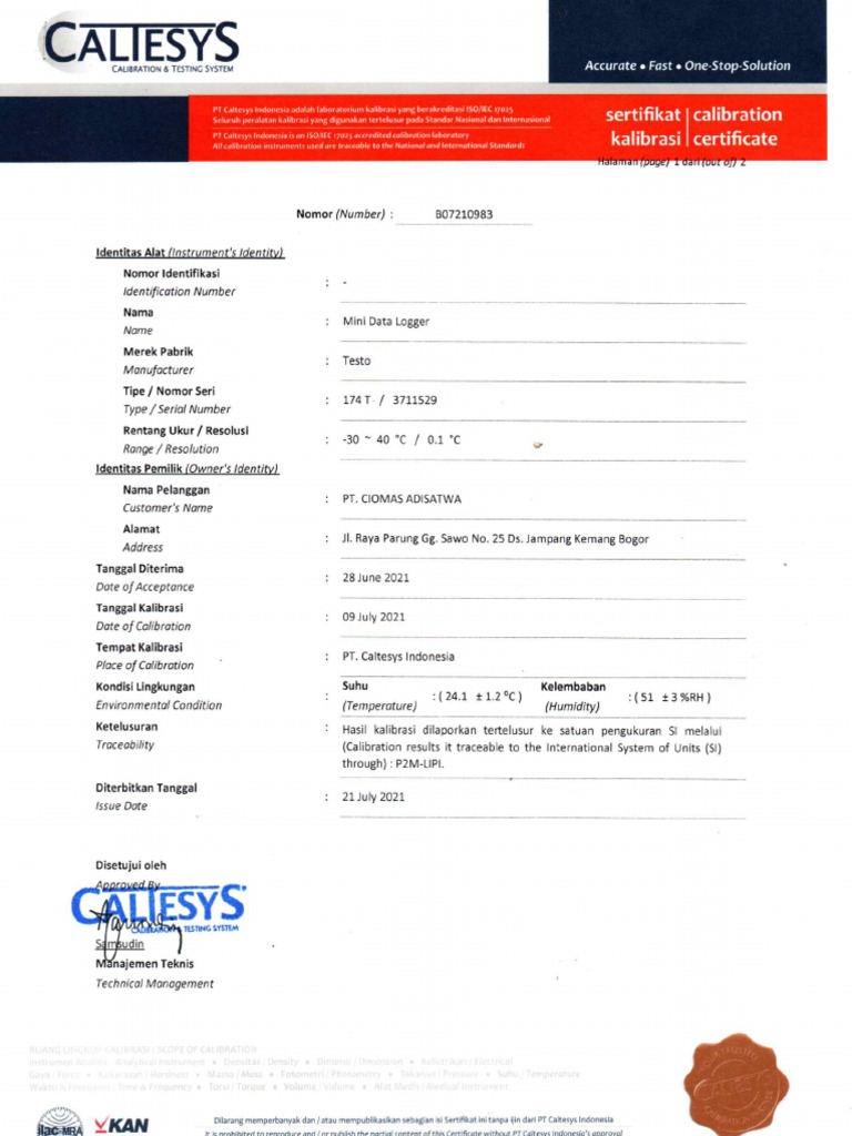 Caltesys Kalibrasi Mini Data Logger Testo 174 T 3711529 2021 Pdf