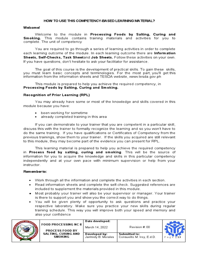 Food Processing NC Ii Process Food by Salting, Curing and Smoking Date