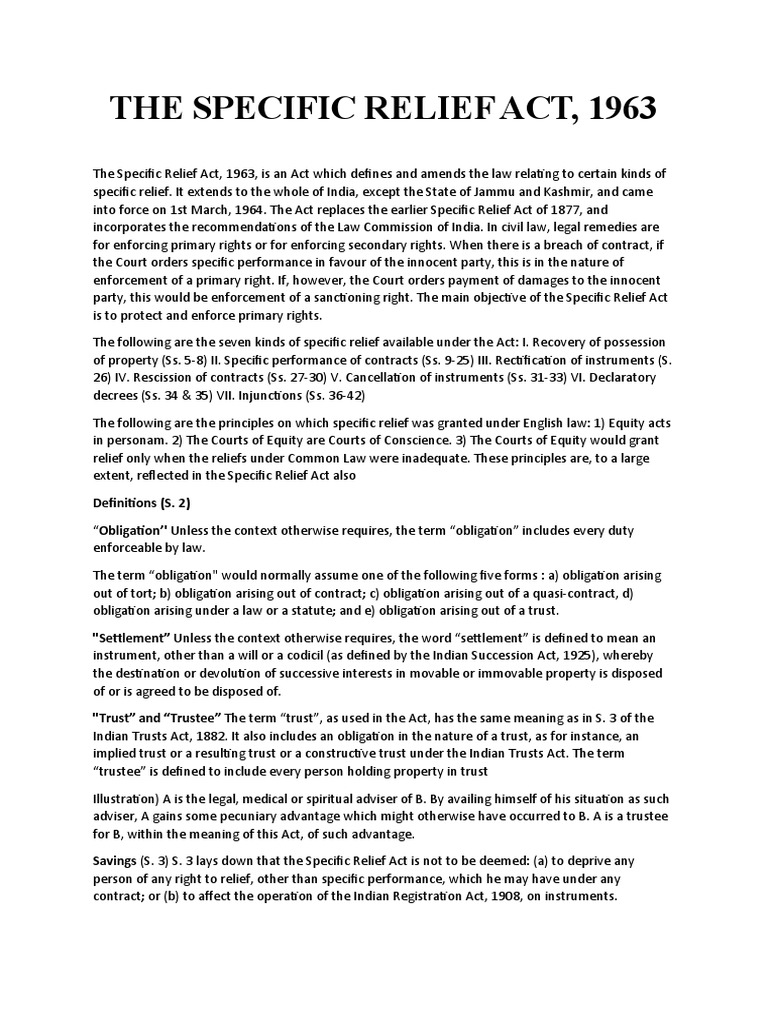 The Specific Relief Act, 1963 An Overview of India's Landmark Law