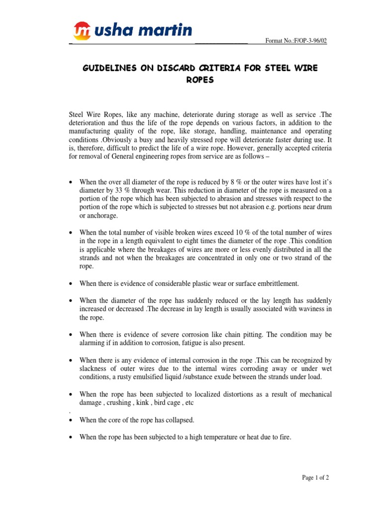 Guidelines On Discard Criteria For Steel Wire Ropes Format No.F/OP396/02 PDF Rope Wire