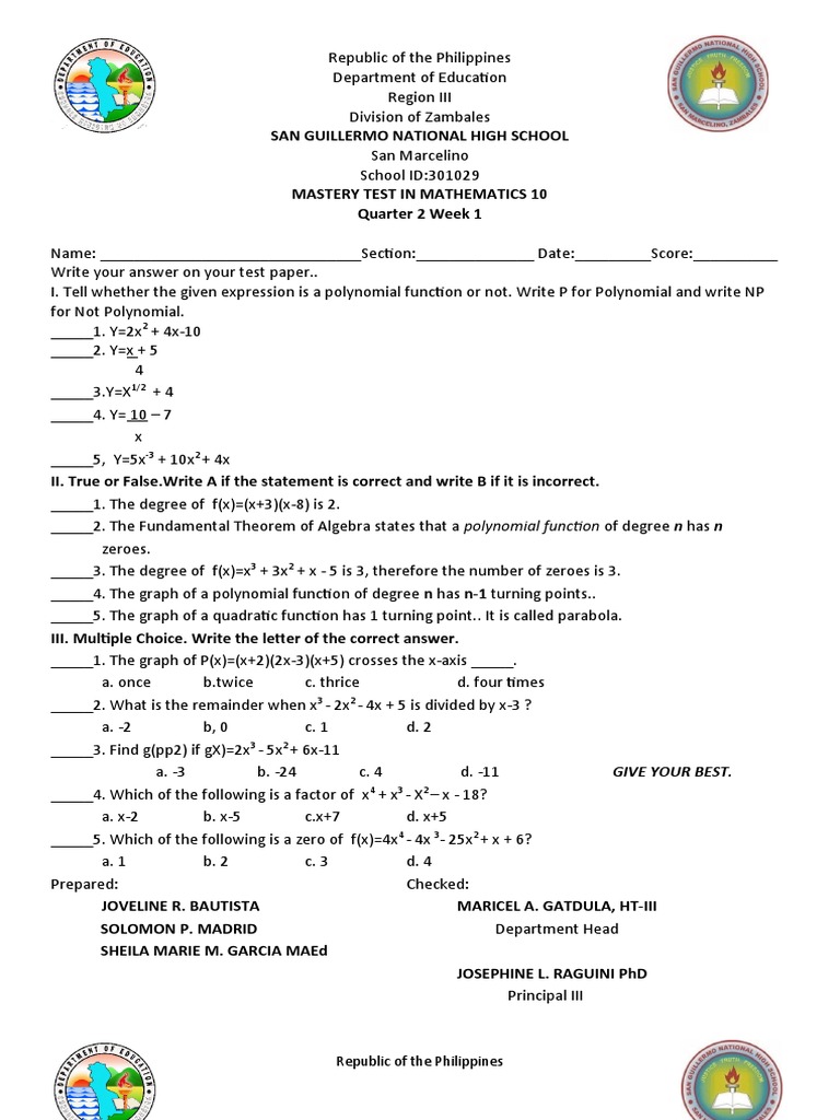 Mastery Test in Mathematics 10 | PDF | Circle | Angle