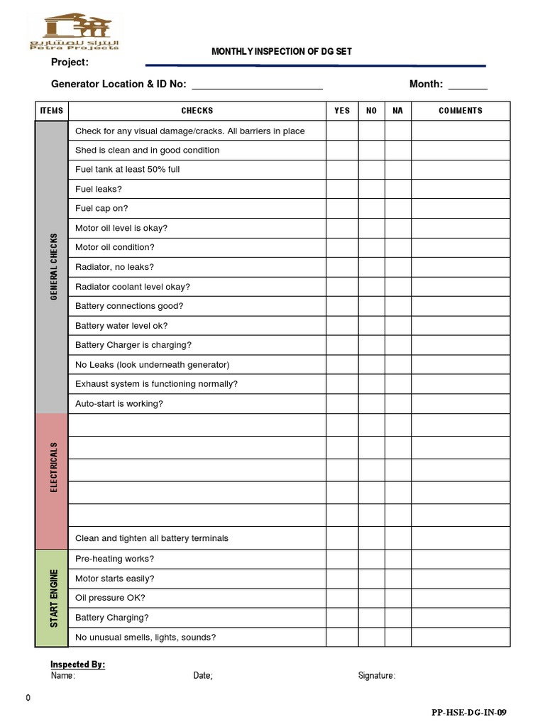 Monthly DG Set Inspection Checklist | PDF