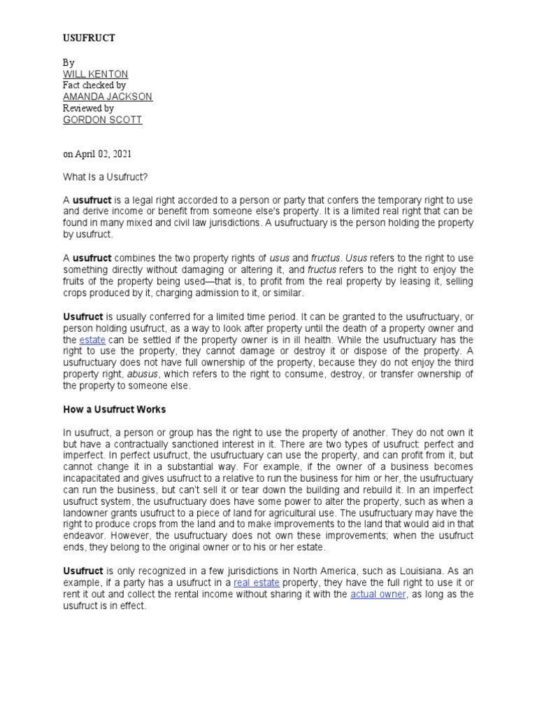 By Fact Checked by Reviewed By: Usufruct | PDF | Common Law | Natural ...