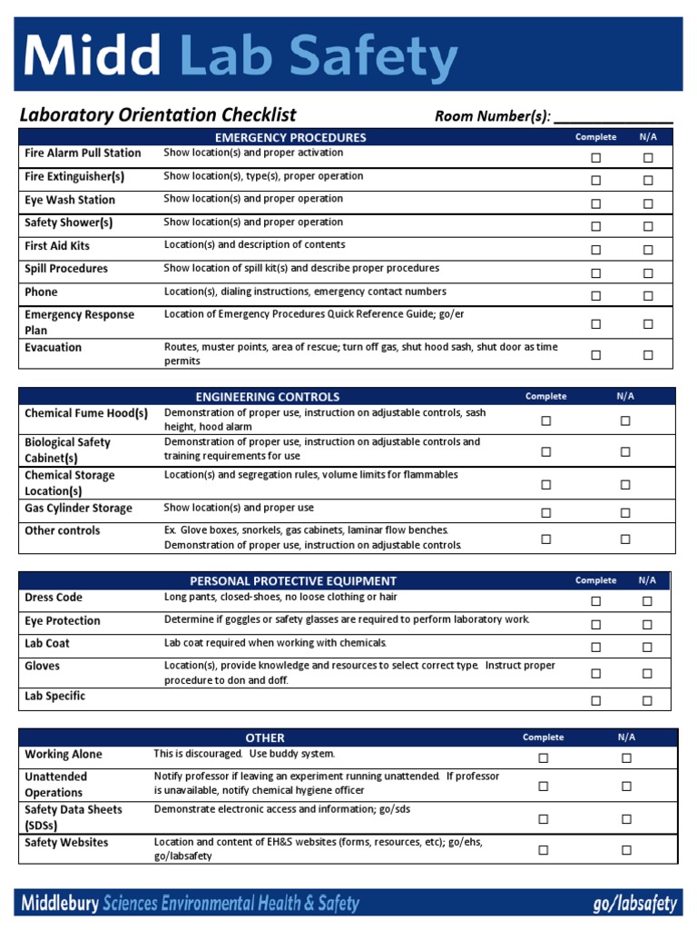 Laboratory Orientation Checklist PDF Laboratories Safety