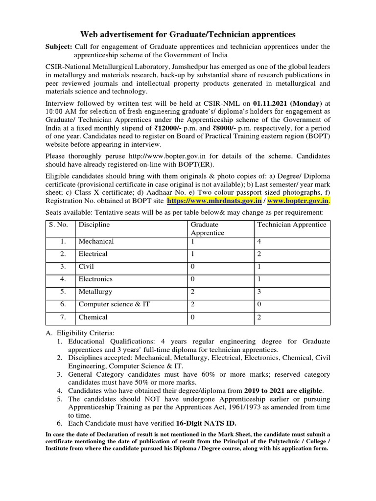CSIRNational Metallurgical Laboratory announces opportunities for