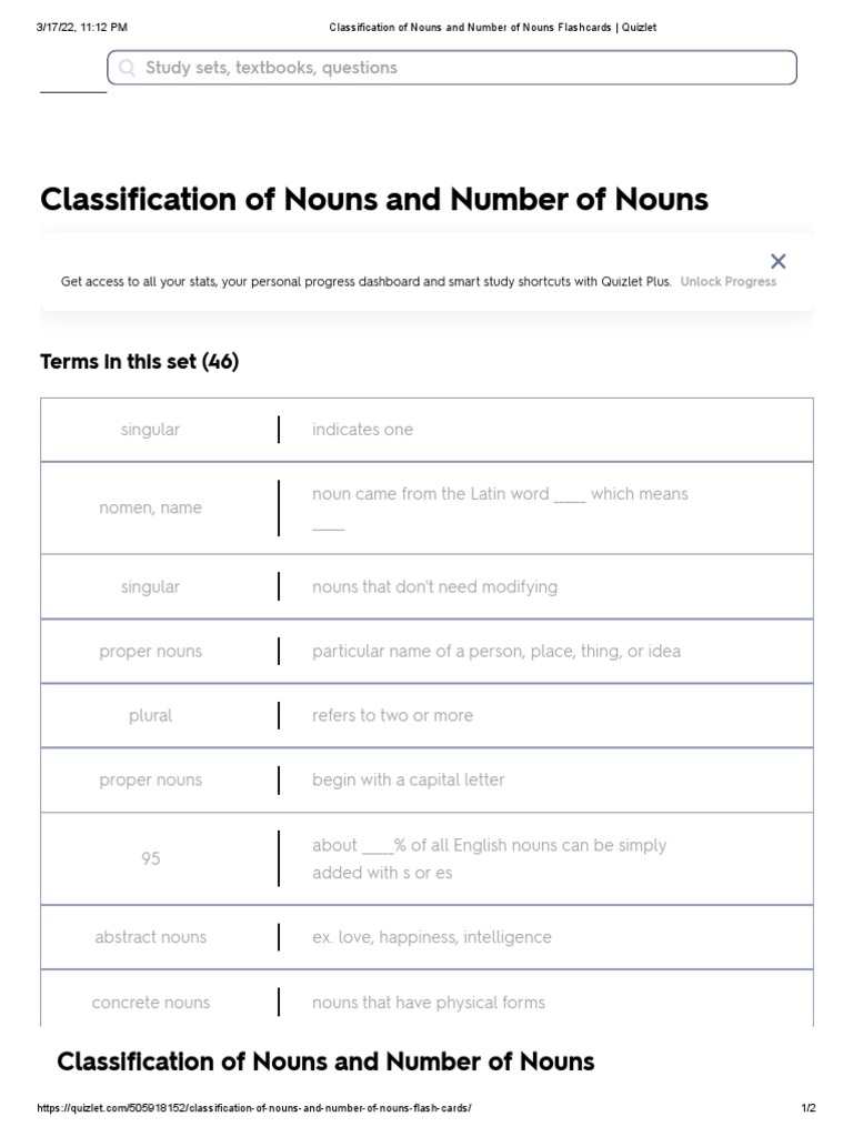 Classification of Nouns and Number of Nouns Flashcards Quizlet PDF