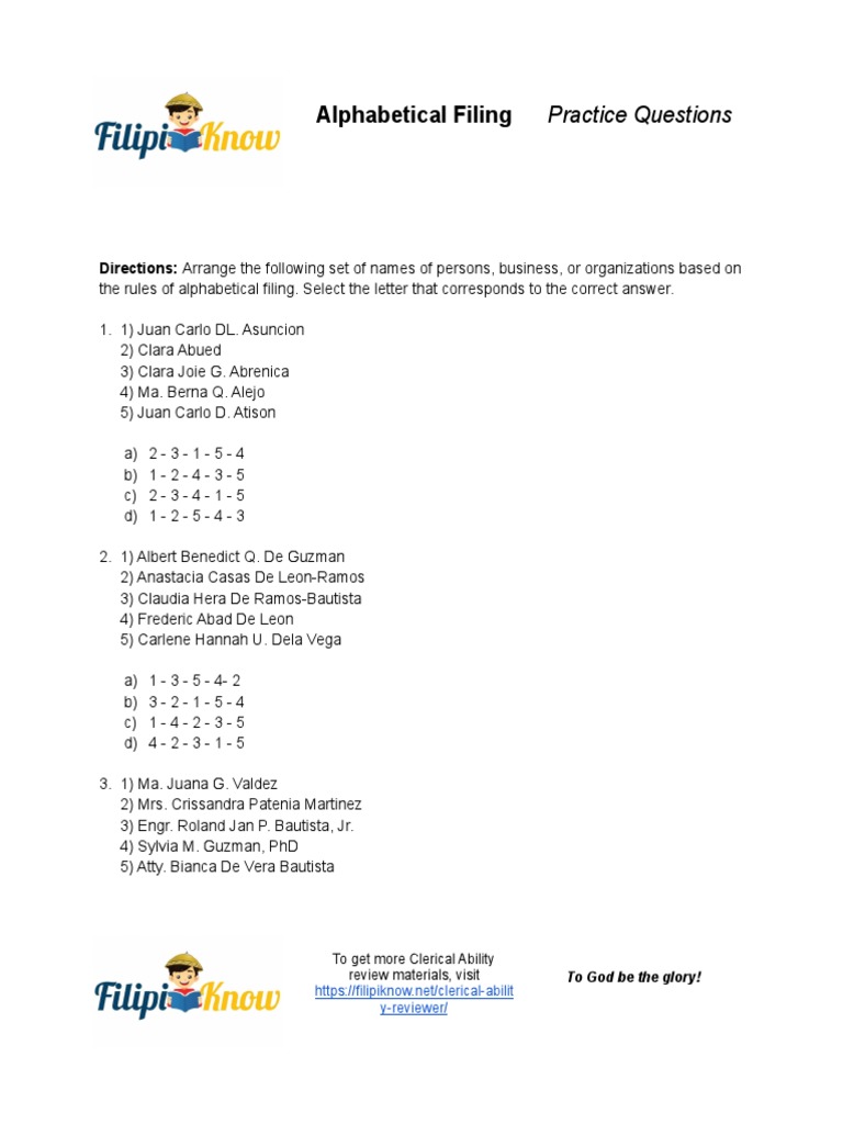 Alphabetical Filing Practice Questions PDF