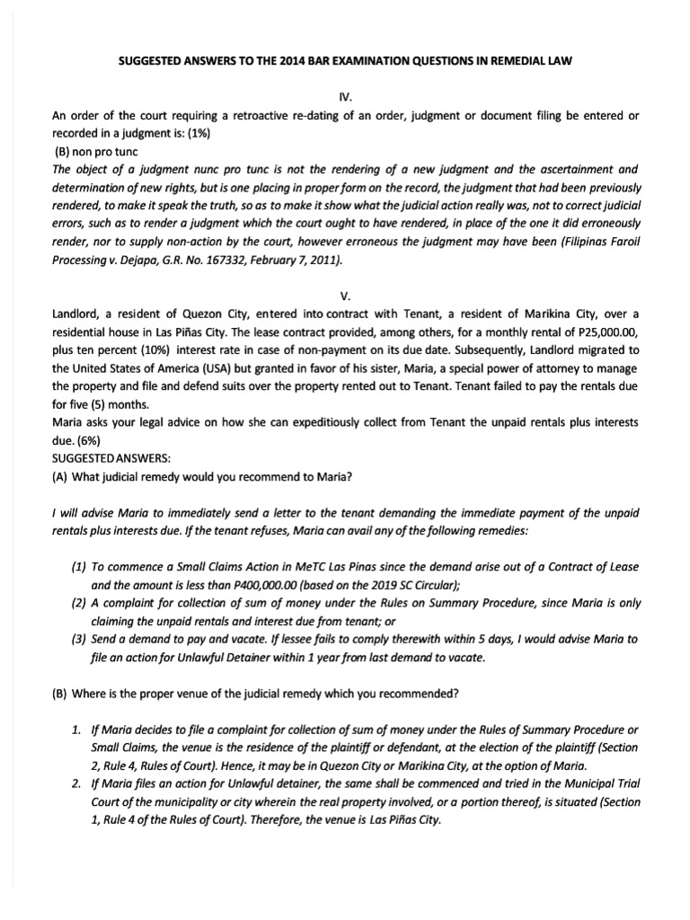 Bar Questions and Answers Remedial Law 2014 2019 PDF