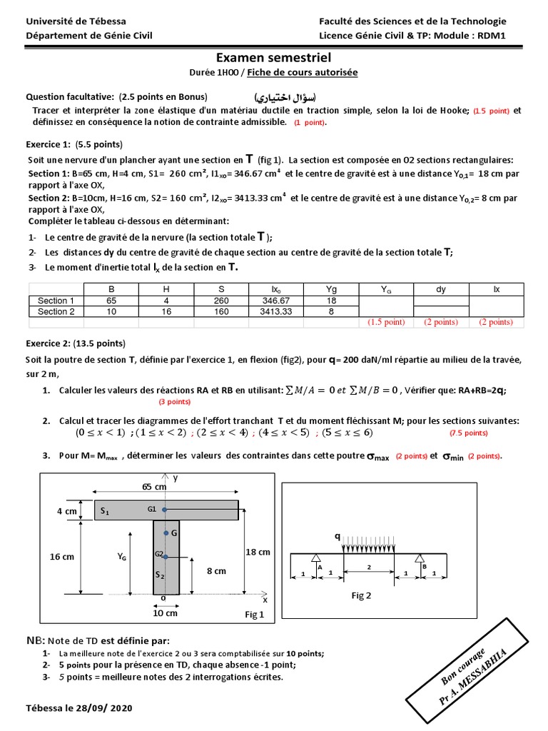 Examen RDM-GC-2020 Avec Correction | PDF | Flexion (matériau ...