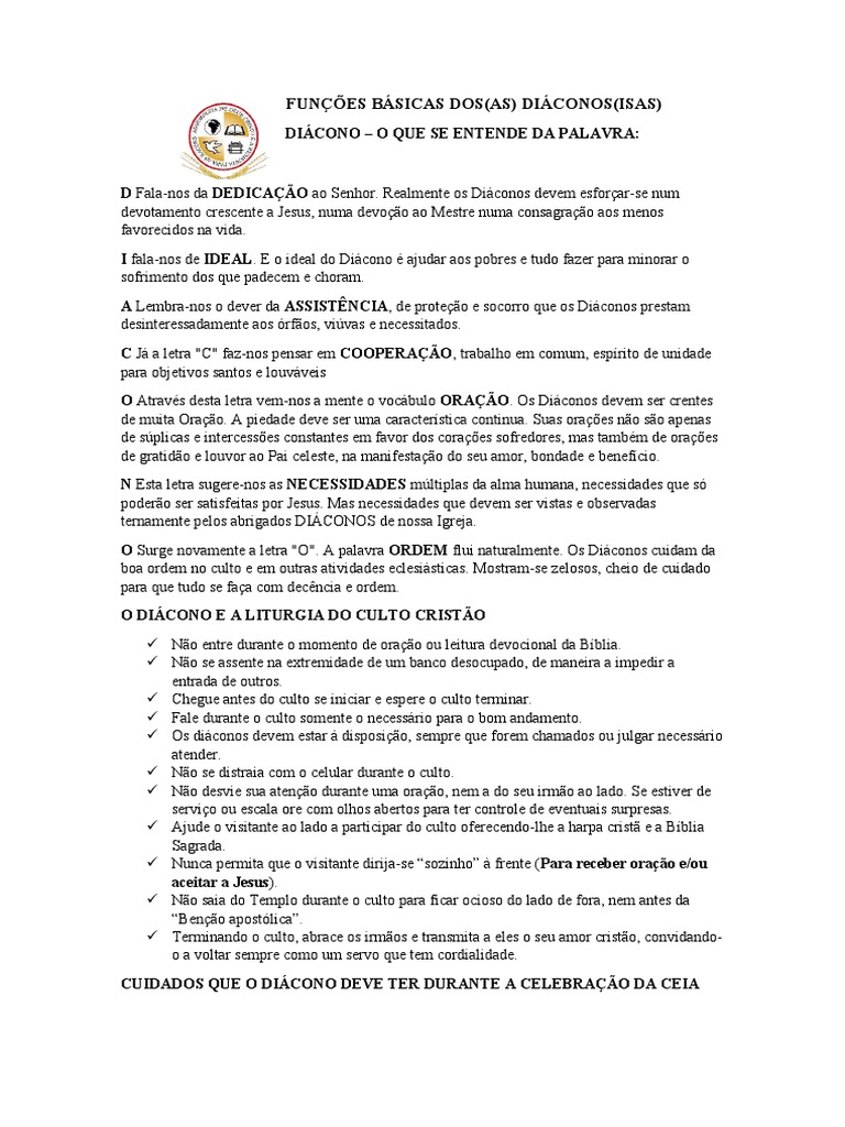 Funções dos Diáconos na Igreja Evangélica | PDF | Diácono | Oração