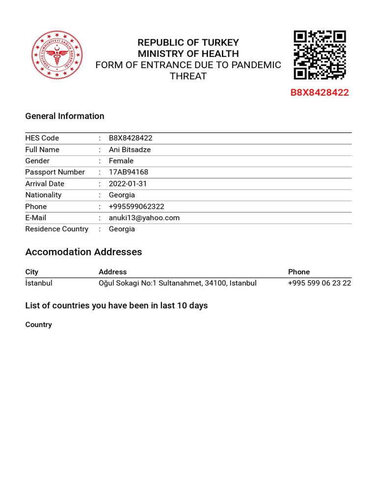 Turkey Pandemic Entry Form Details | PDF