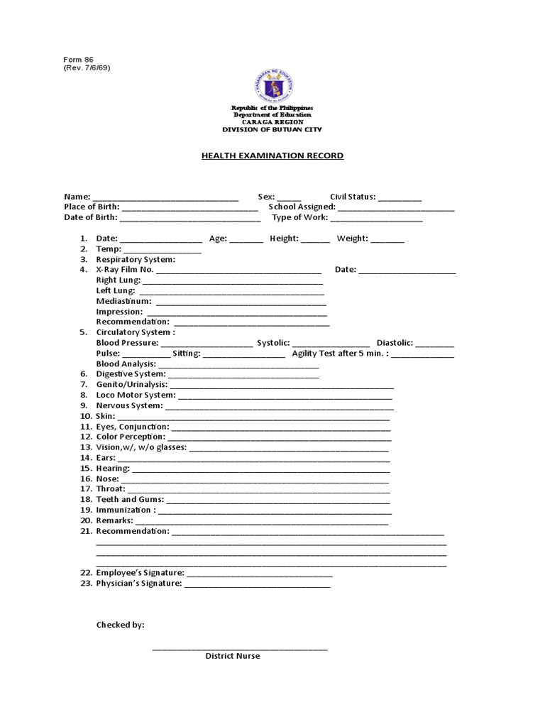 Health Examination Record Form 86 (Rev. 7/6/69) PDF Clinical