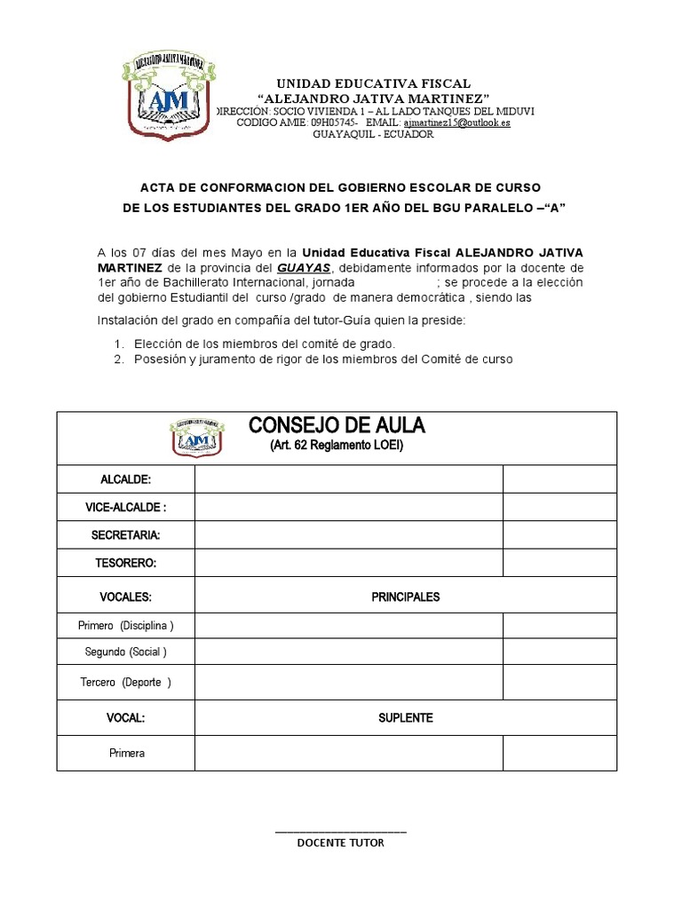 Acta de Gobierno Escolar BGU "A" | PDF | Ciencias sociales | Relaciones ...
