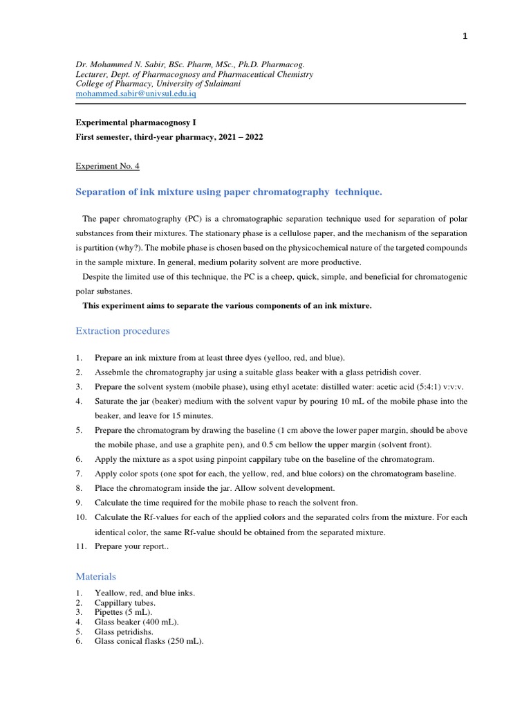 Separation of Ink Mixture Using Paper Chromatography Technique PDF Chromatography Elution