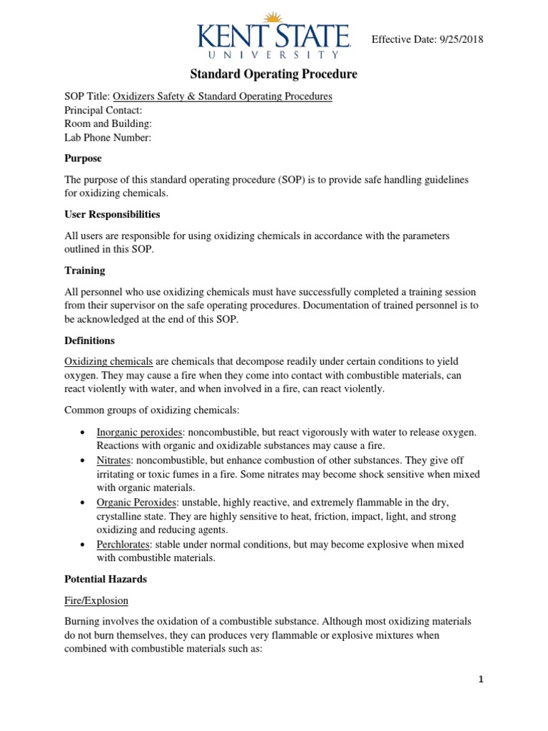 Standard Operating Procedure - Oxidizers | PDF | Redox | Combustion