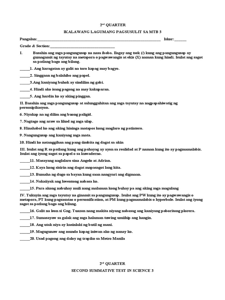 Q2 2nd SUMMATIVE TEST IN MTB SCI | PDF