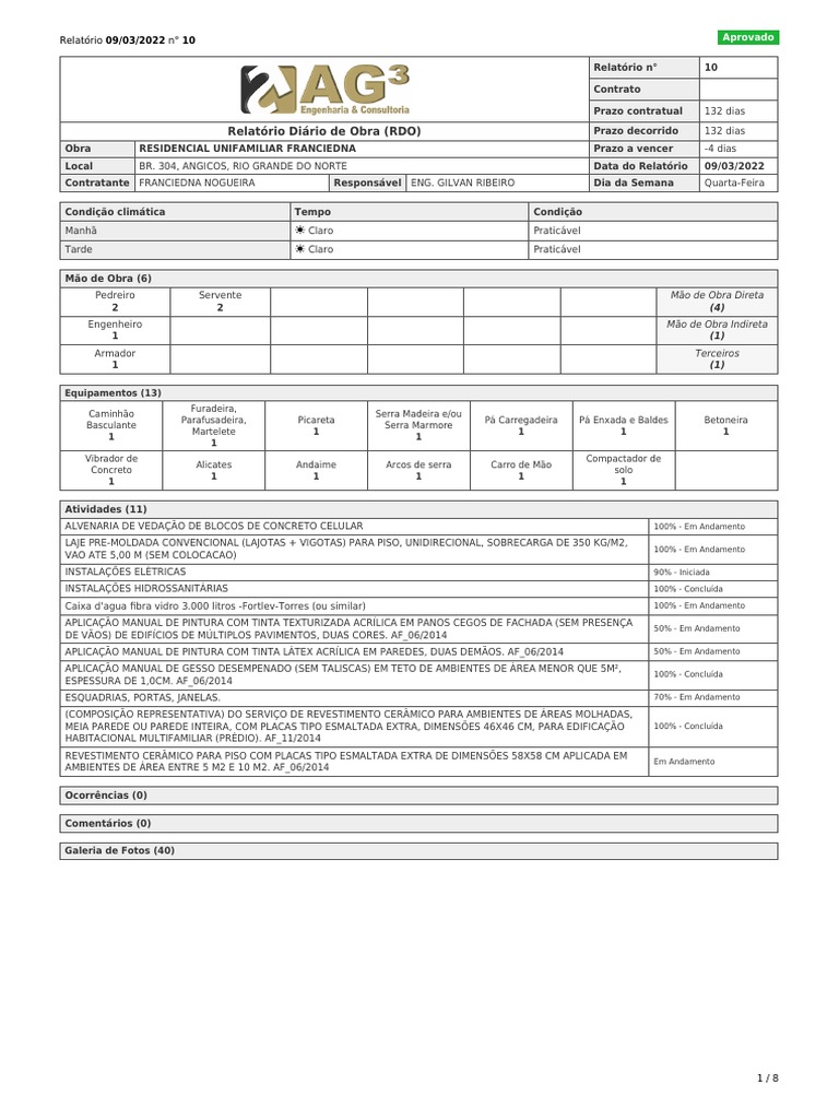 Relatório Diário de Obra (RDO) N° 10 - 09-03-2022 | PDF | Engenharia de ...