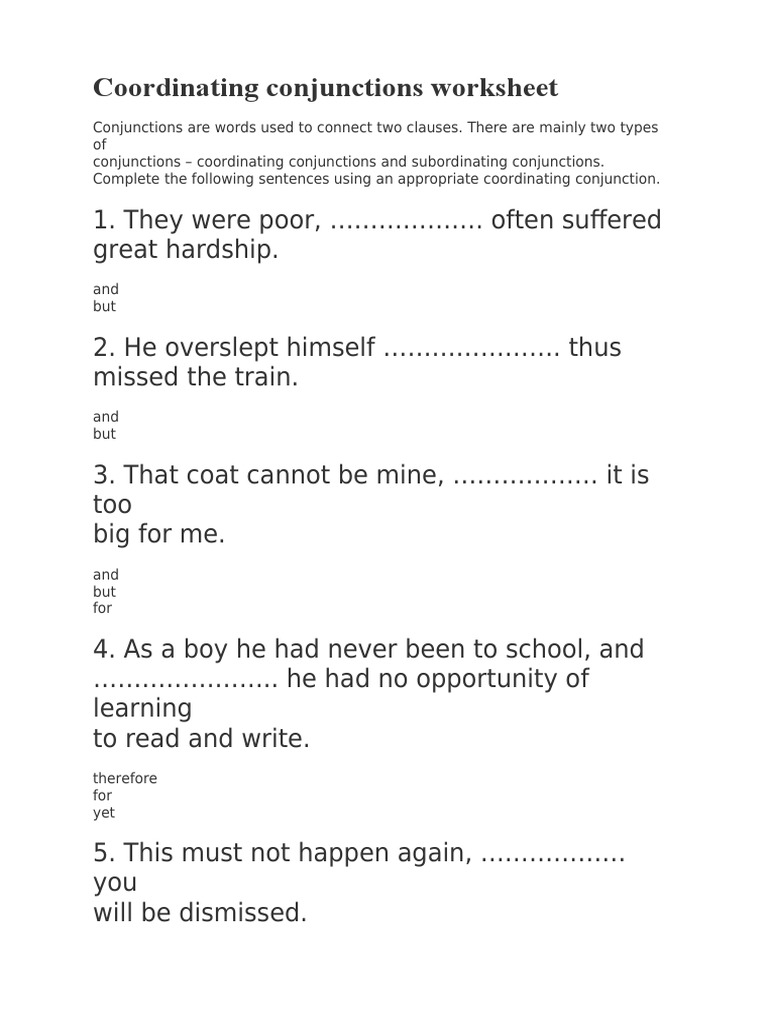 Coordinating Conjunctions Worksheet 2 | PDF