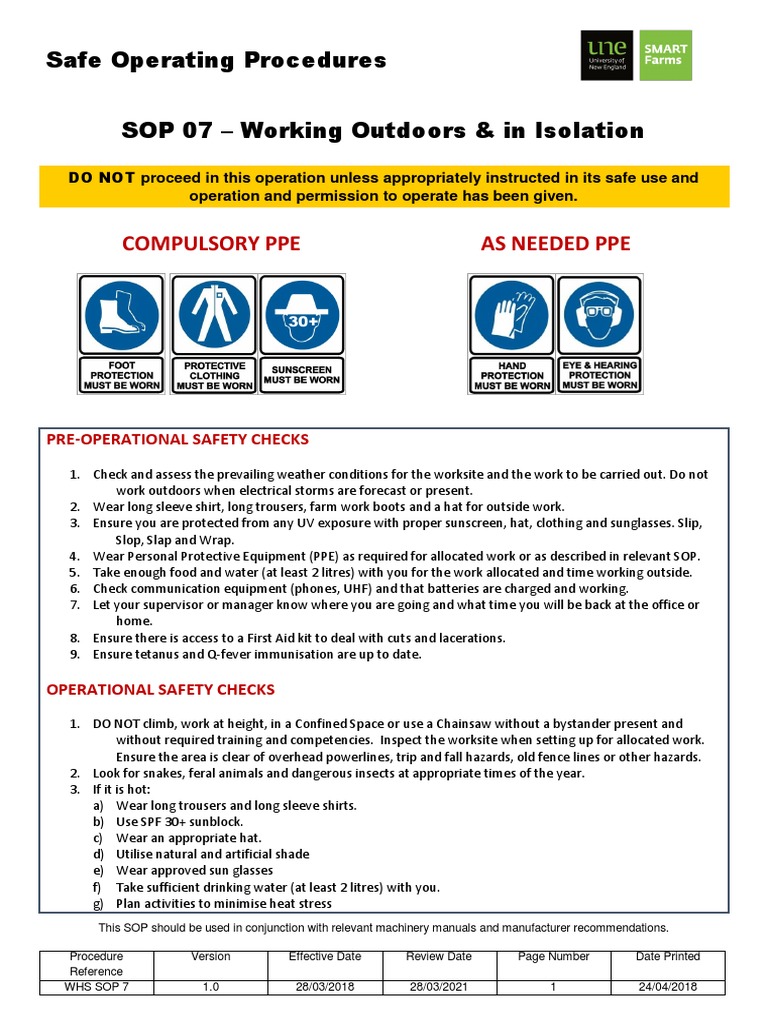 Compulsory Ppe As Needed Ppe Safe Operating Procedures SOP 07 Working Outdoors & in Isolation