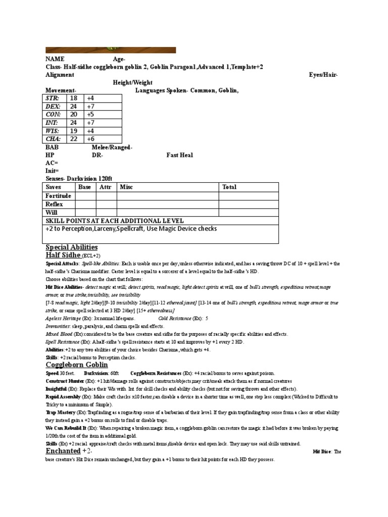 STR: Dex: Con: Int: Wis: Cha:: Special Abilities Half Sidhe | PDF ...