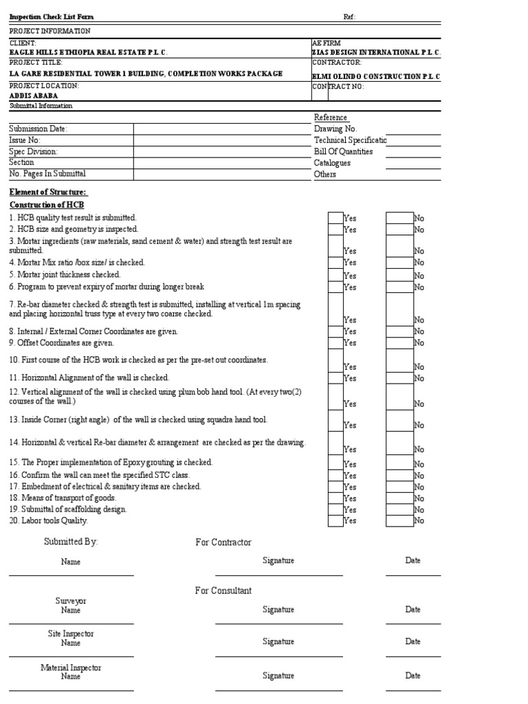 HCB Construction Inspection Checklist | PDF | Structural Engineering ...