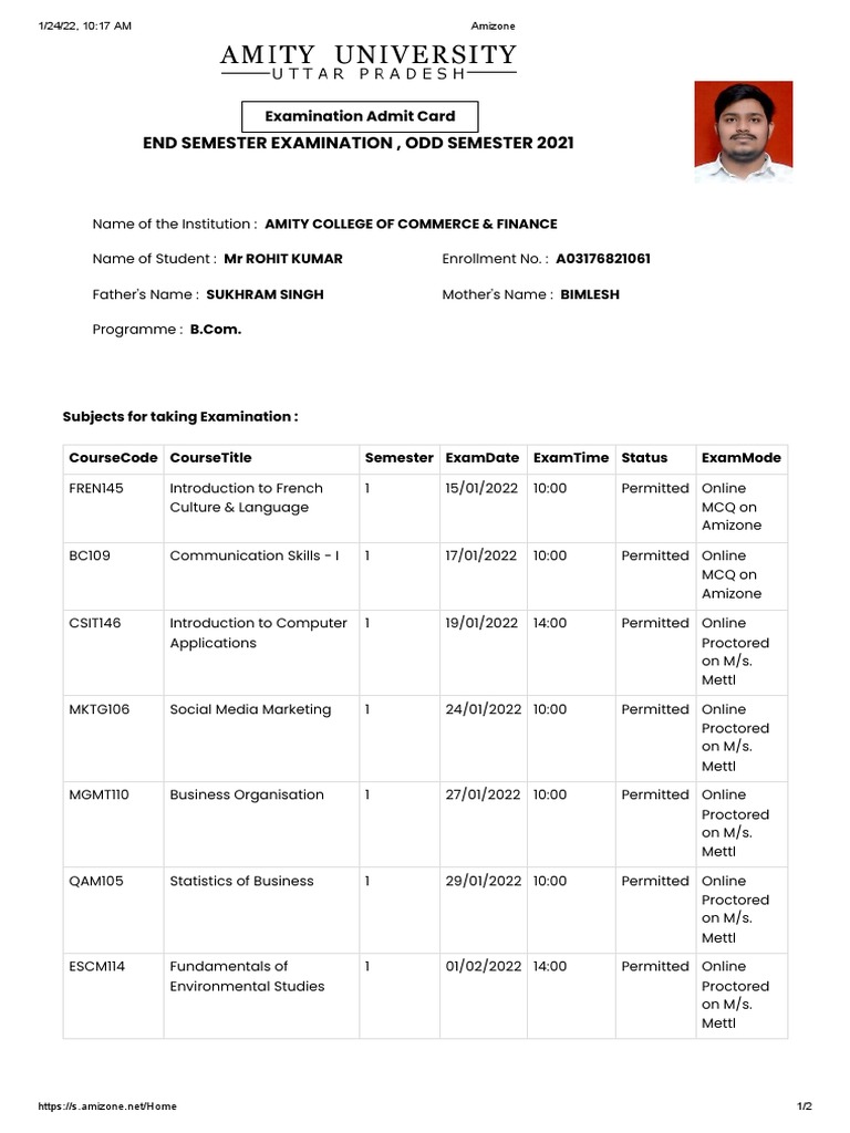 Amity B.Com Exam Admit Card | PDF