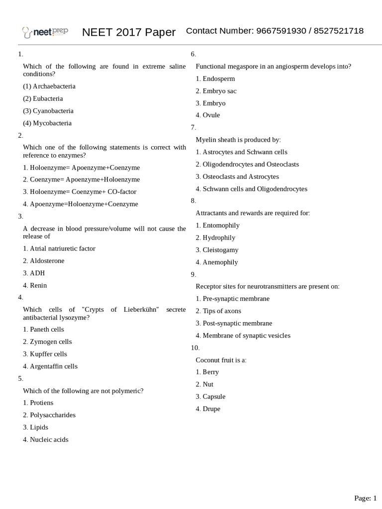 NEET 2017 Biology Question Paper | PDF | Pituitary Gland | Luteinizing ...