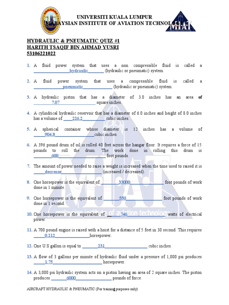 (Hydraulic Pneumatic) Quiz 1 Harith PDF Actuator Pump