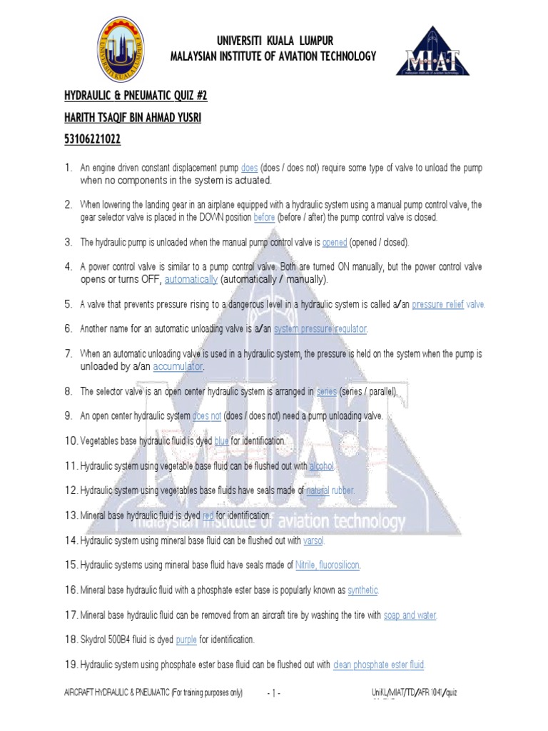 (Hydraulic Pneumatic) Quiz 2 Harith PDF Valve Pump