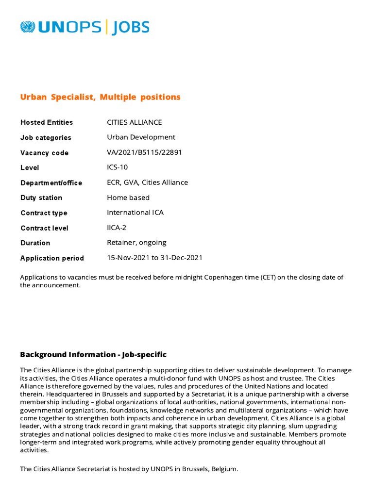 Unops Jobs Vacancy Urban Specialist Pdf Economies