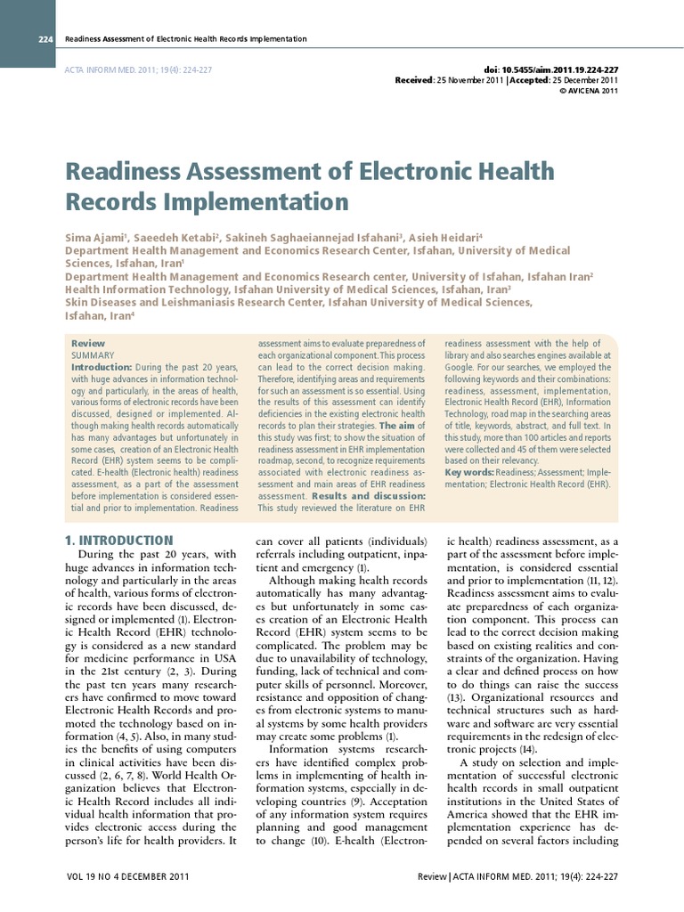 Readiness Assessment of Electronic Health Records Implementation | PDF ...