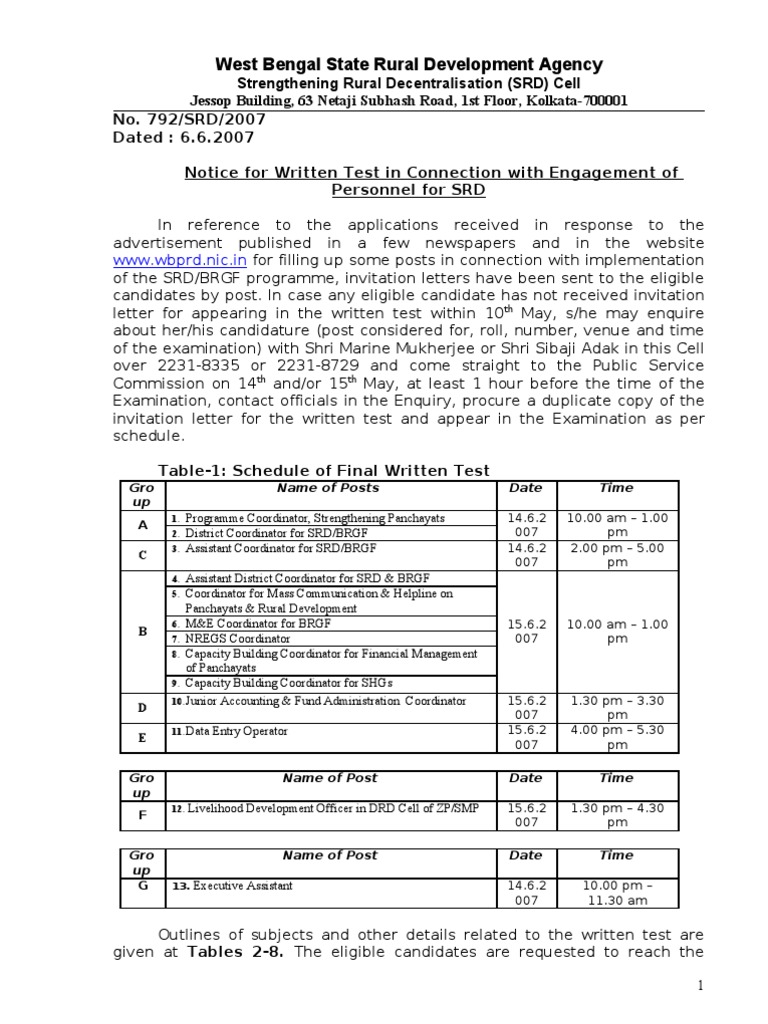 SRD Written Test Notice for West Bengal | PDF | Business