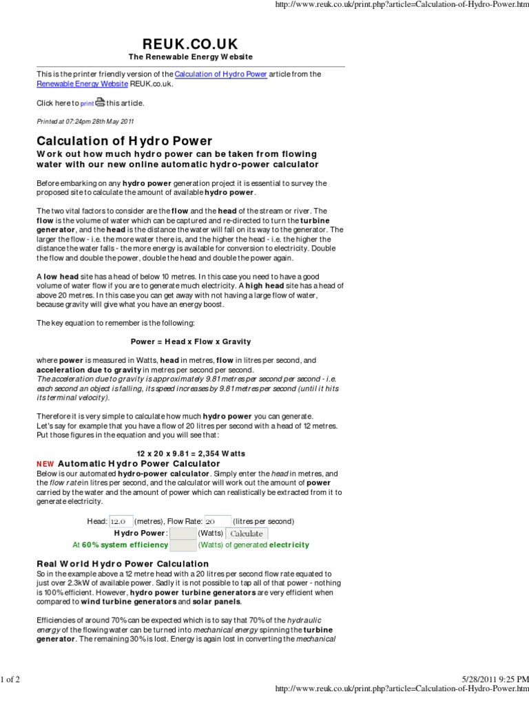 Hydro Power Calculation Guide | PDF | Power (Physics) | Hydroelectricity