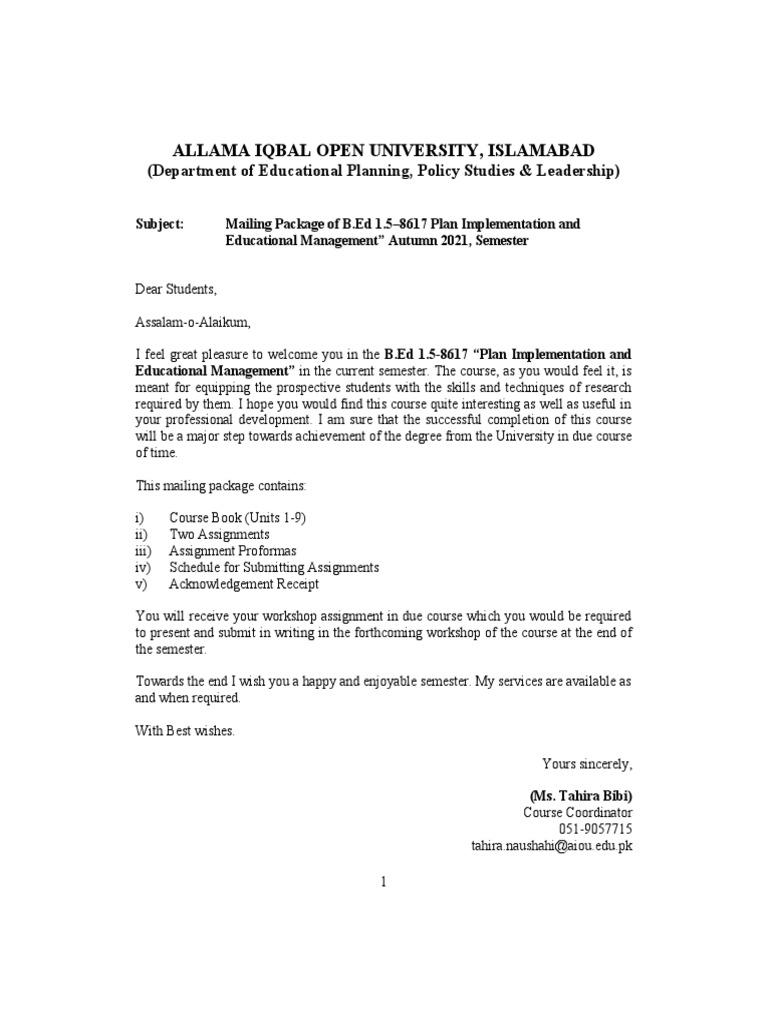 Allama Iqbal Open University, Islamabad: (Department of Educational ...