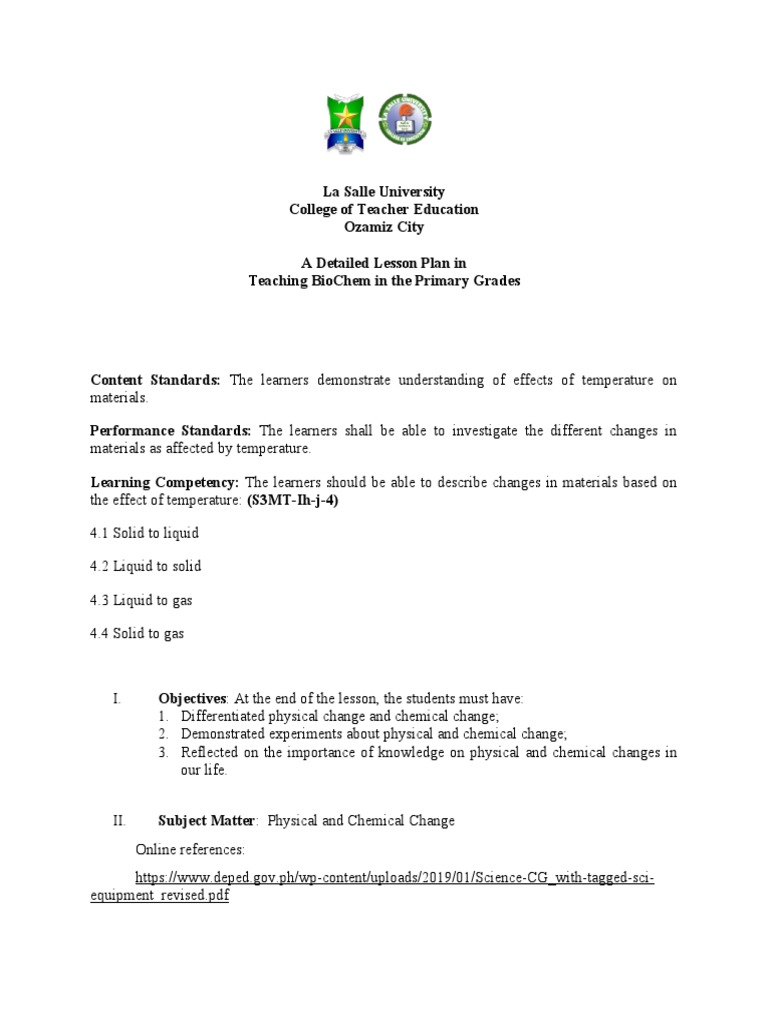 3I's Lesson Plan: Physical Changes in Matter | PDF | Chemical ...