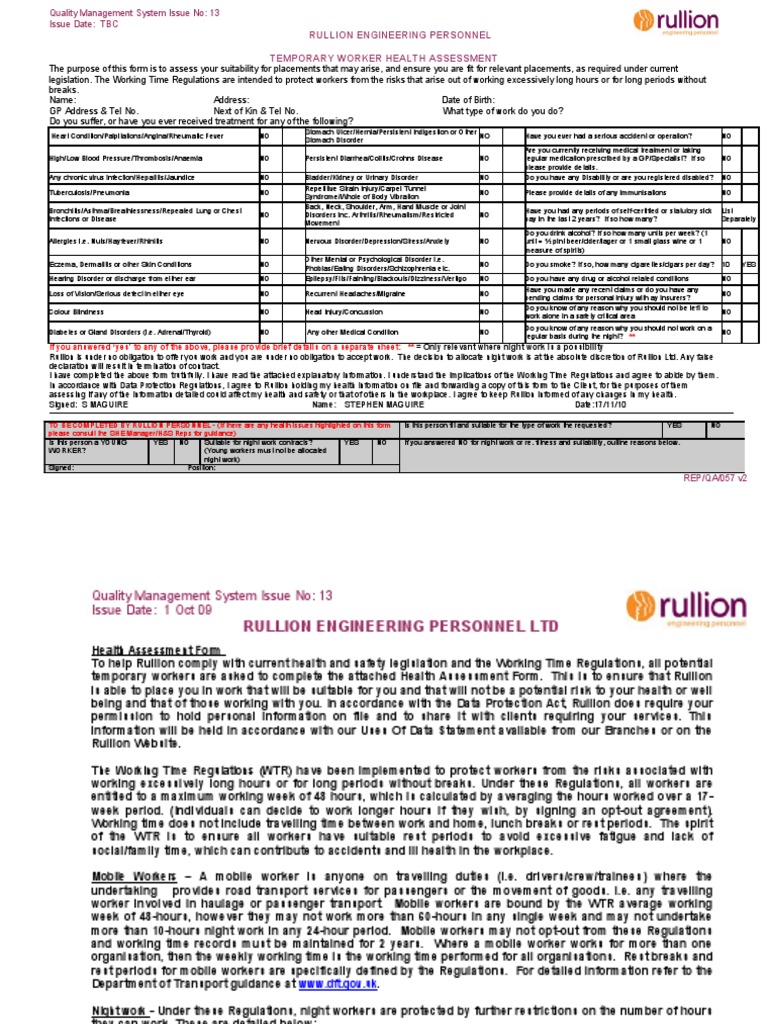 Temporary Worker Health Assessment Form | PDF | Working Time | Shift Work