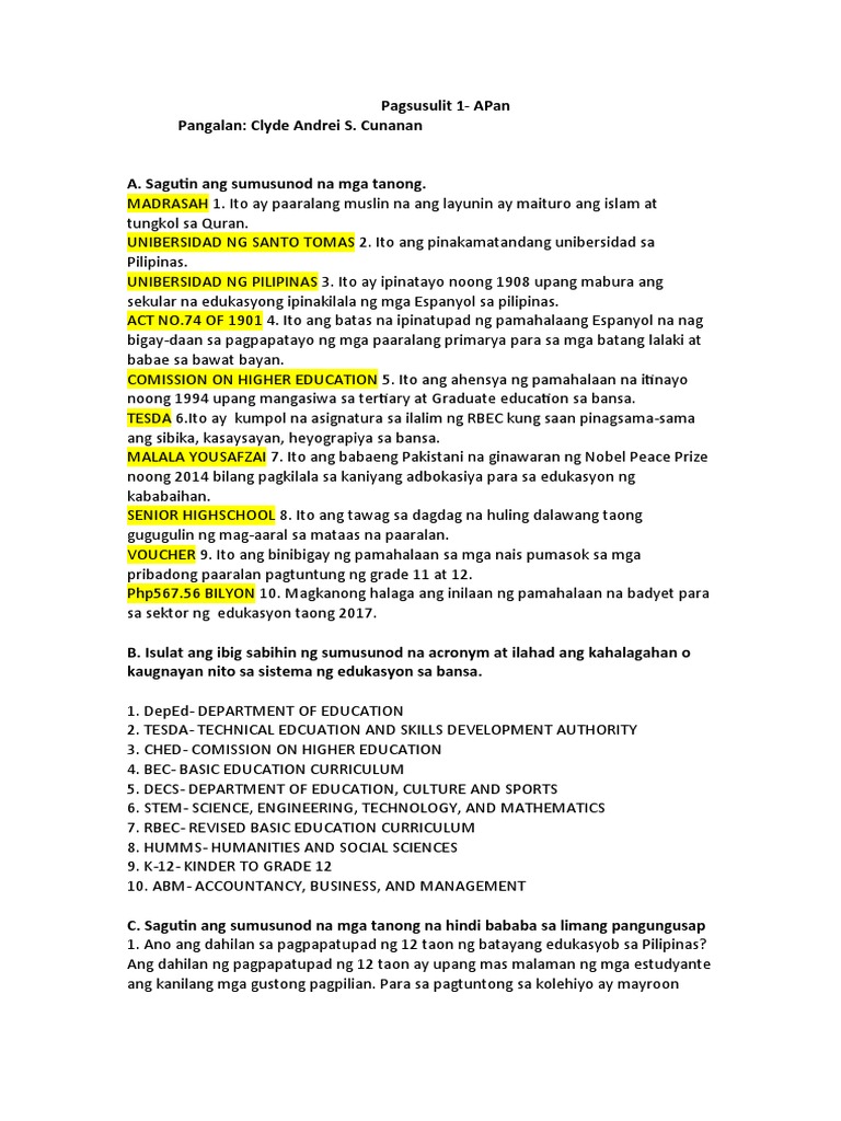 Pagsusulit 1 APAN | PDF