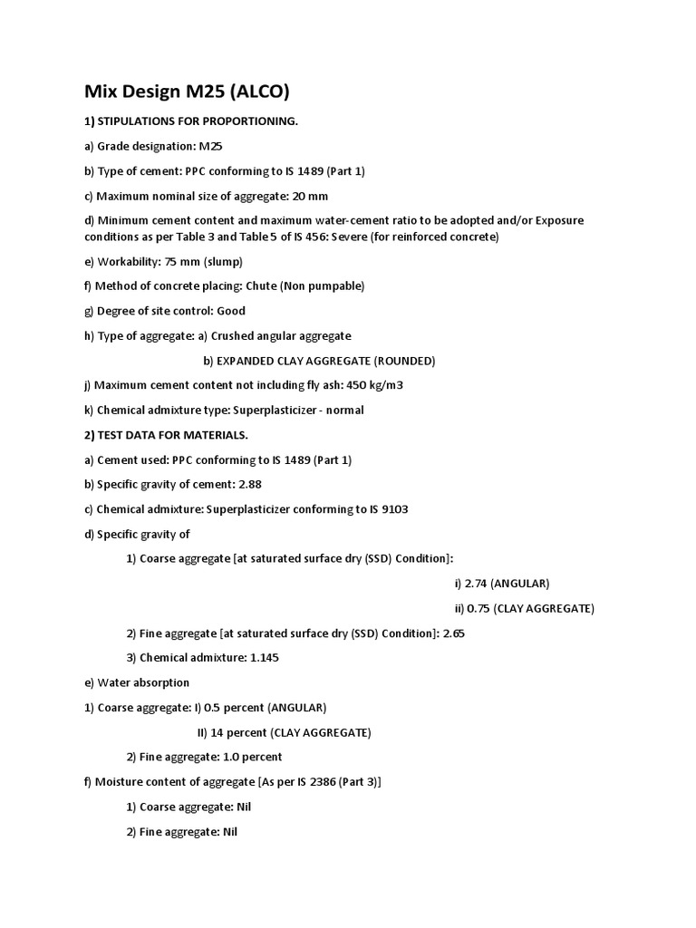 Mix Design M25 (ALCO) Descargar gratis PDF Concrete Materials