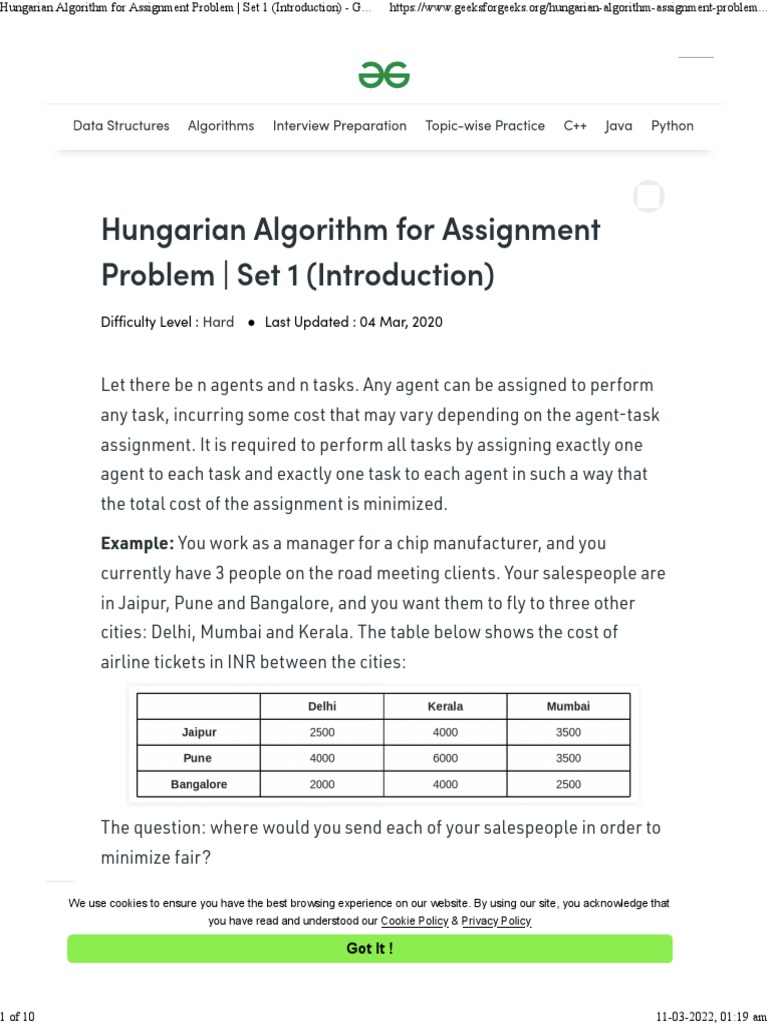 Hungarian Algorithm For Assignment Problem - Set 1 (Introduction) | PDF ...