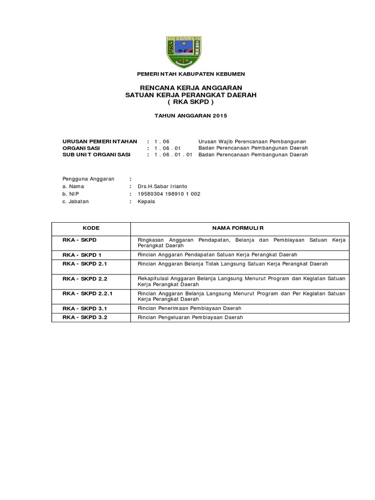 RKA SKPD Kebumen 2015: Anggaran dan Program | PDF