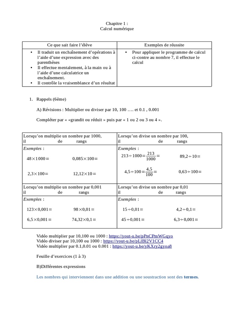 Calcul Numérique Chapi 1 Cinquieme | PDF | Multiplication | Division