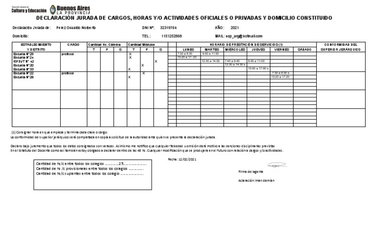 Declaración Jurada Docente 2021 | PDF