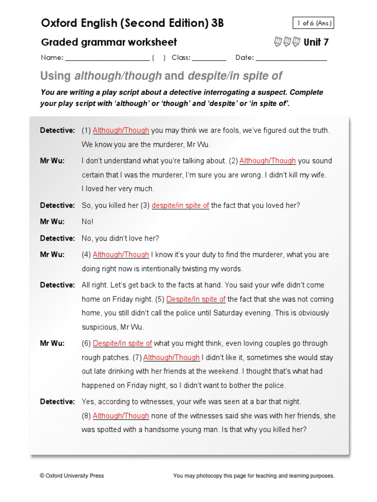 Using Although/though and Despite/in Spite Of: Oxford English (Second ...