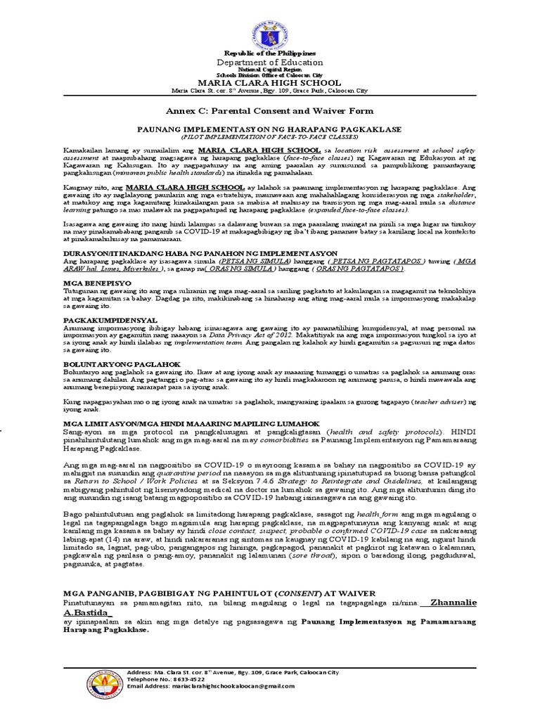 Annex C Parental Consent and Waiver Form | PDF