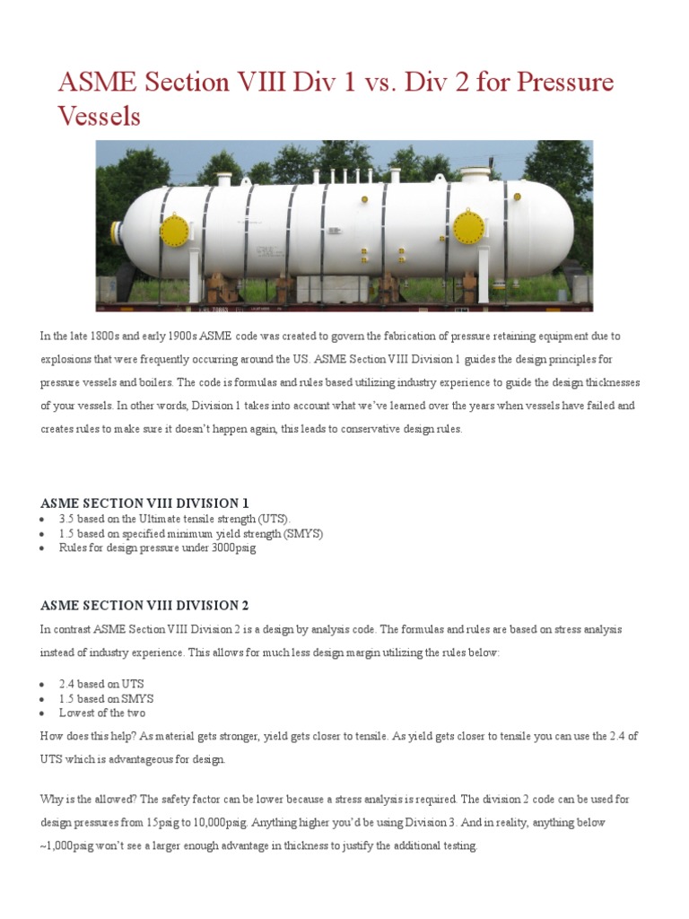 ASME Section VIII Div 1 vs. Div 2 For Pressure Vessels PDF Strength