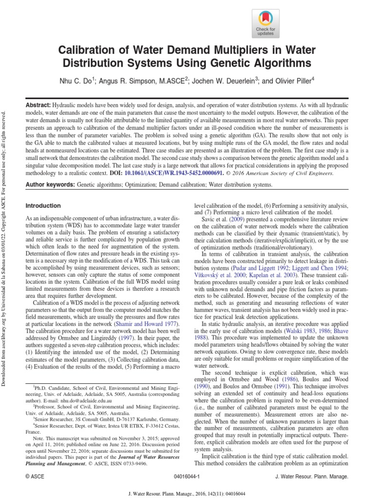 Calibration of Water Demand Multipliers in Water Distribution Systems Using Algorithms