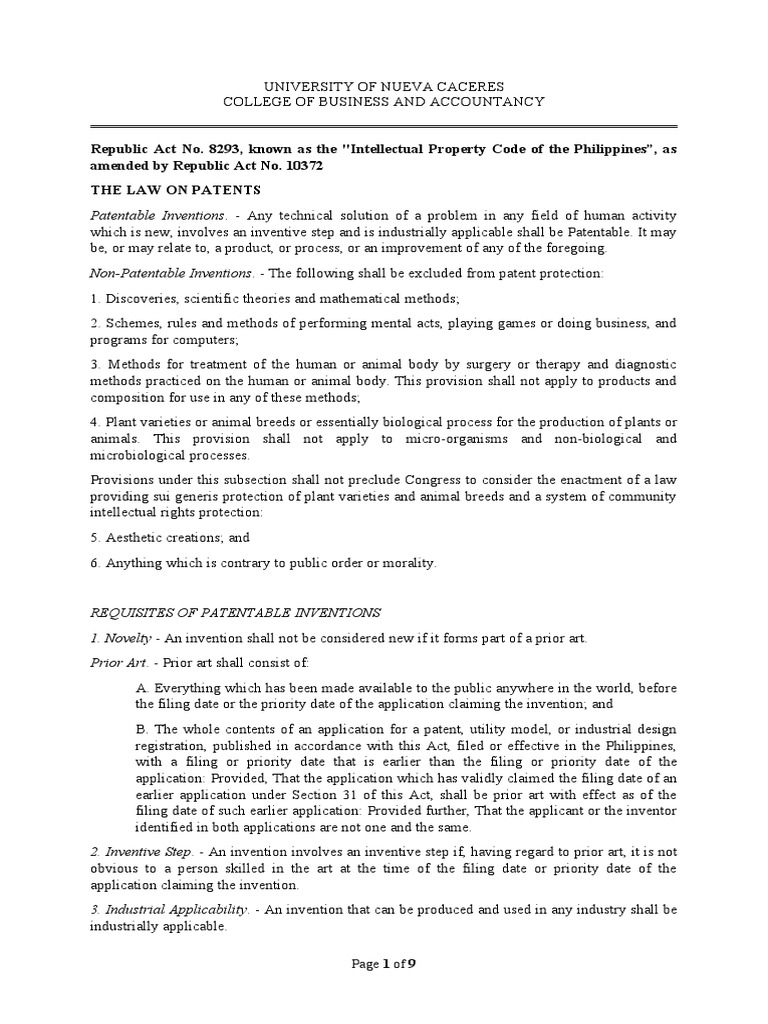 Republic Act No. 8293, Known As The "Intellectual Property Code of The Philippines", As Amended