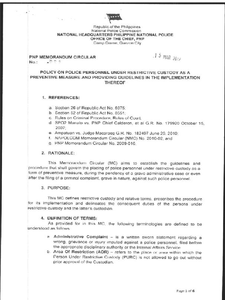 Policy On Police Personnel Under Restrictive Custody As A Preventive ...