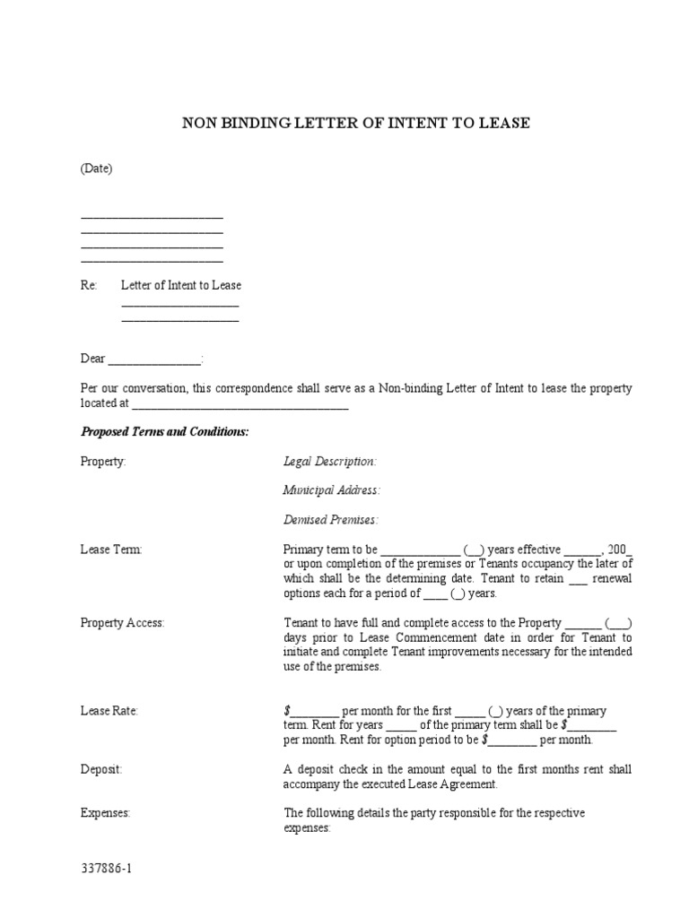 Non Binding Letter of Intent To Lease Free PDF PDF Lease