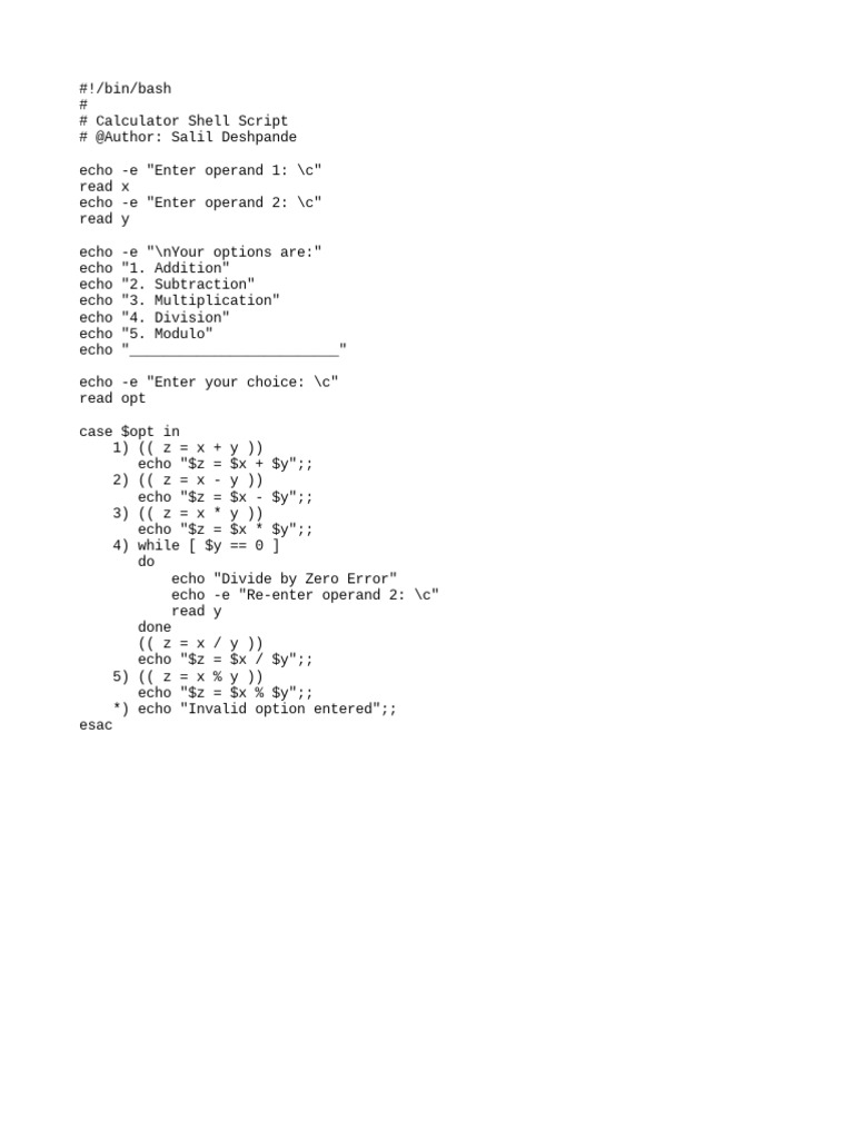 Shell Calculator Script with Operations | PDF
